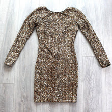 Load image into Gallery viewer, Dress the Population Women Small Bodycon Gold Black Sequin Stretch Long Sleeve