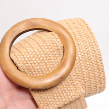 Load image into Gallery viewer, Jute Summer Waist Belt Women XL Stretch Tan Weave Wood Circle Slide Buckle Wide