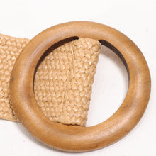 Load image into Gallery viewer, Jute Summer Waist Belt Women XL Stretch Tan Weave Wood Circle Slide Buckle Wide