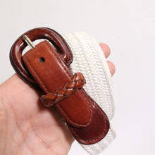 Load image into Gallery viewer, Talbots Golf Belt M Ivory Cotton Brown Leather Trim Brass Buckle Adjust