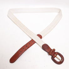 Load image into Gallery viewer, Talbots Golf Belt M Ivory Cotton Brown Leather Trim Brass Buckle Adjust