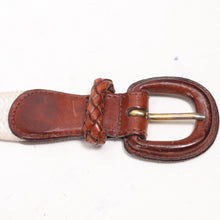 Load image into Gallery viewer, Talbots Golf Belt M Ivory Cotton Brown Leather Trim Brass Buckle Adjust