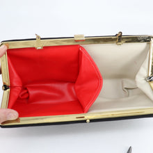 Load image into Gallery viewer, Vtg Evening Clutch Handbag Small Black Satchel Purse Bag Red White Lined Chain