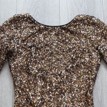Load image into Gallery viewer, Dress the Population Women Small Bodycon Gold Black Sequin Stretch Long Sleeve