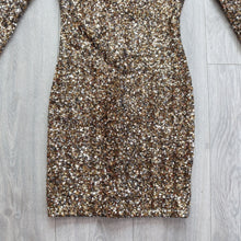 Load image into Gallery viewer, Dress the Population Women Small Bodycon Gold Black Sequin Stretch Long Sleeve