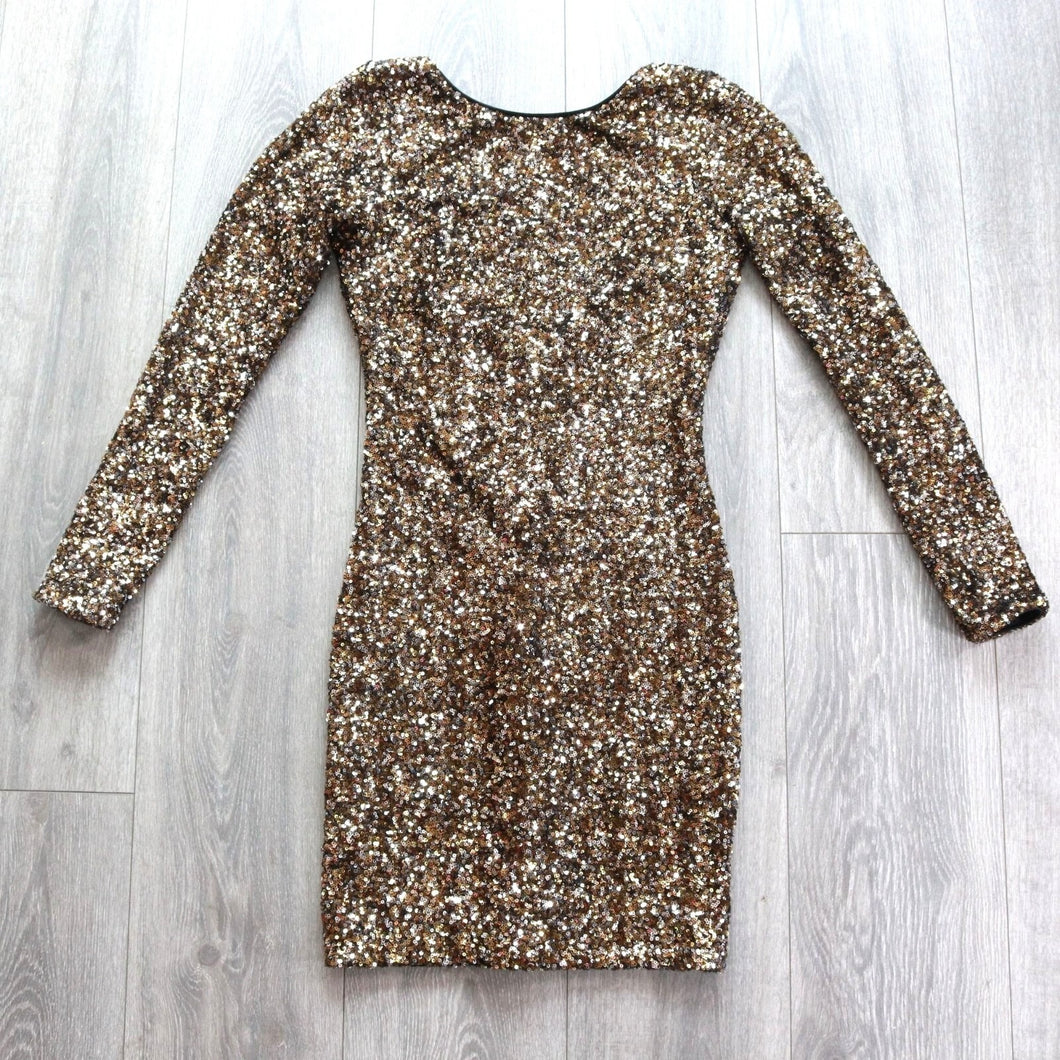 Dress the Population Women Small Bodycon Gold Black Sequin Stretch Long Sleeve