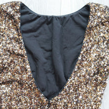 Load image into Gallery viewer, Dress the Population Women Small Bodycon Gold Black Sequin Stretch Long Sleeve
