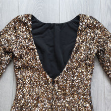 Load image into Gallery viewer, Dress the Population Women Small Bodycon Gold Black Sequin Stretch Long Sleeve
