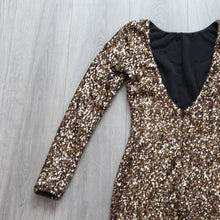 Load image into Gallery viewer, Dress the Population Women Small Bodycon Gold Black Sequin Stretch Long Sleeve
