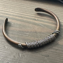 Load image into Gallery viewer, Vtg Copper Cuff  Bracelet Brass Wrap Wire Adjust 2.5 in Signed Native American
