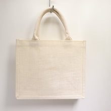 Load image into Gallery viewer, Jute Burlap Tote Bag Small Ivory Covered Handles Laminated LIning 12X10
