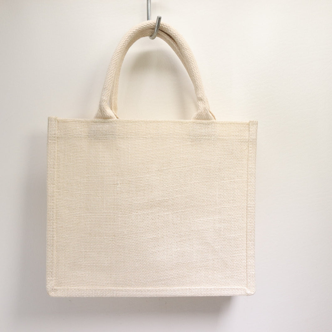 Jute Burlap Tote Bag Small Ivory Covered Handles Laminated LIning 12X10