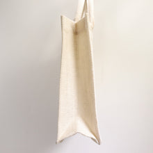 Load image into Gallery viewer, Jute Burlap Tote Bag Small Ivory Covered Handles Laminated LIning 12X10
