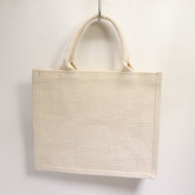 Load image into Gallery viewer, Jute Burlap Tote Bag Small Ivory Covered Handles Laminated LIning 12X10
