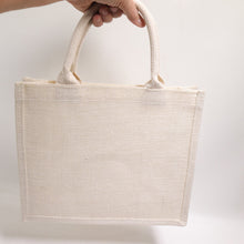 Load image into Gallery viewer, Jute Burlap Tote Bag Small Ivory Covered Handles Laminated LIning 12X10
