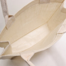 Load image into Gallery viewer, Jute Burlap Tote Bag Small Ivory Covered Handles Laminated LIning 12X10
