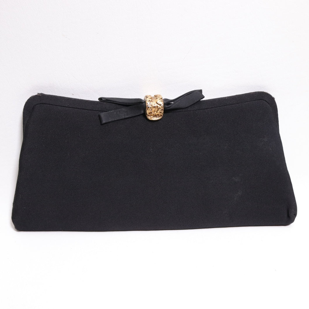 Vtg Evening Clutch Handbag Women S Black Gold Tone Latch Bow Purse Satchel Bag