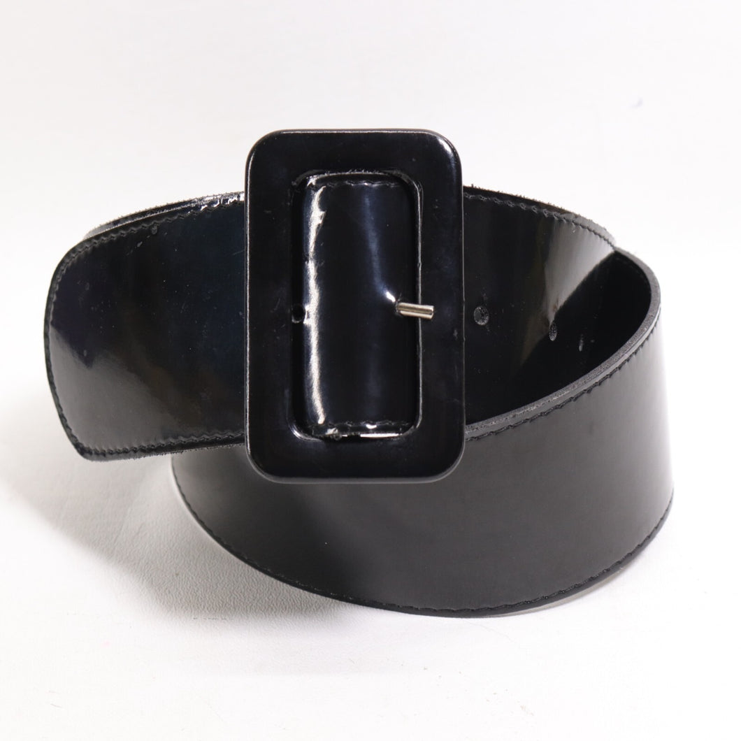 Vtg Astor Waist Belts M Black Faux Patent Leather Covered Buckle Wide