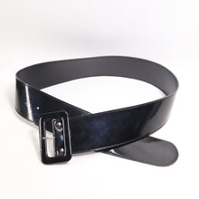 Load image into Gallery viewer, Vtg Astor Waist Belts M Black Faux Patent Leather Covered Buckle Wide
