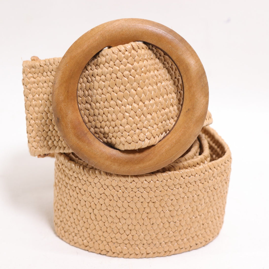 Jute Summer Waist Belt Women XL Stretch Tan Weave Wood Circle Slide Buckle Wide