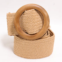 Load image into Gallery viewer, Jute Summer Waist Belt Women XL Stretch Tan Weave Wood Circle Slide Buckle Wide
