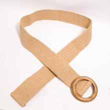 Load image into Gallery viewer, Jute Summer Waist Belt Women XL Stretch Tan Weave Wood Circle Slide Buckle Wide
