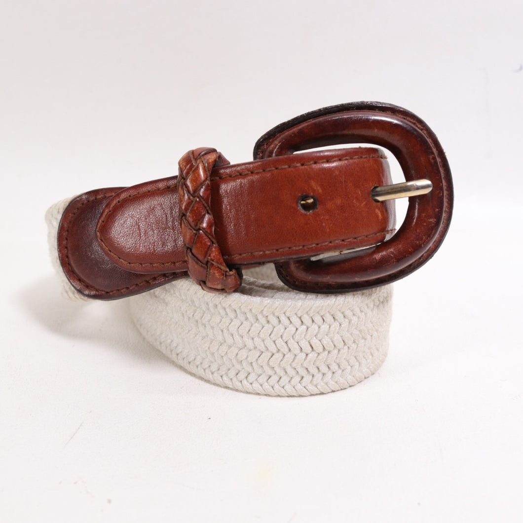 Talbots Golf Belt M Ivory Cotton Brown Leather Trim Brass Buckle Adjust