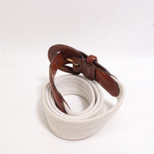 Load image into Gallery viewer, Talbots Golf Belt M Ivory Cotton Brown Leather Trim Brass Buckle Adjust
