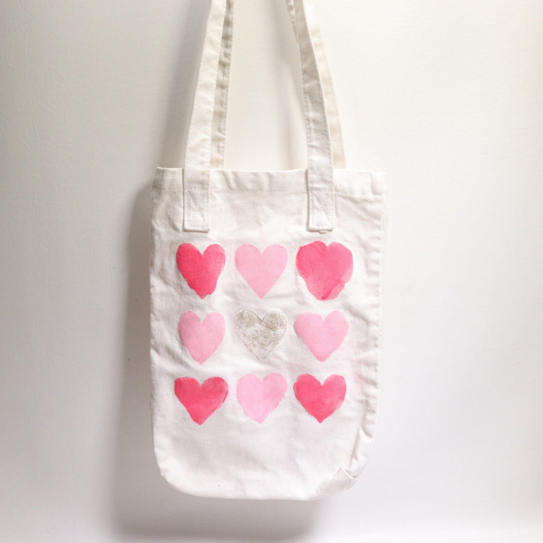 Heart Canvas Tote Small White Pink Love Shoulder Handles Foldable Carryall