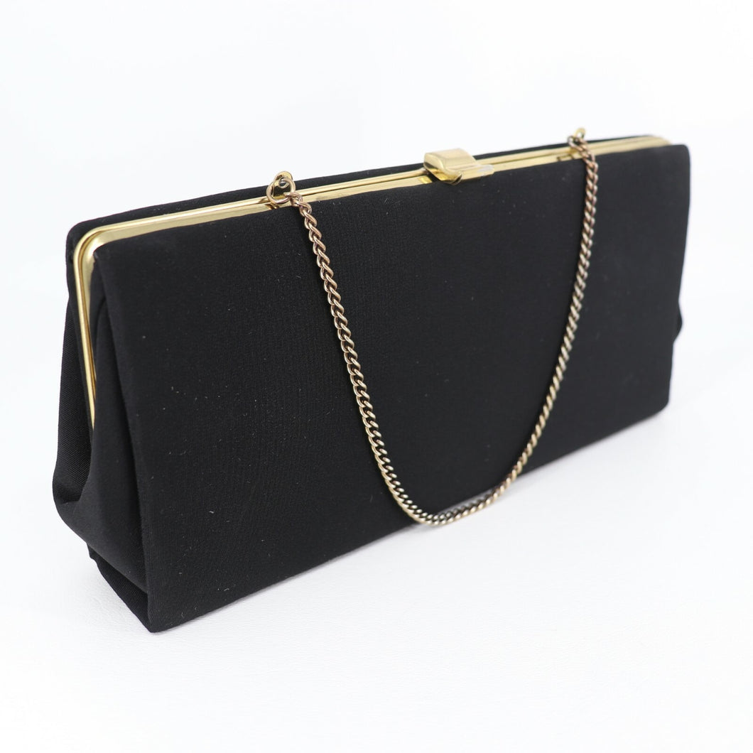 Vtg Evening Clutch Handbag Small Black Satchel Purse Bag Red White Lined Chain
