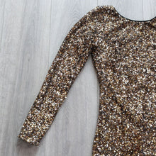 Load image into Gallery viewer, Dress the Population Women Small Bodycon Gold Black Sequin Stretch Long Sleeve
