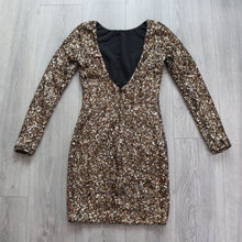 Load image into Gallery viewer, Dress the Population Women Small Bodycon Gold Black Sequin Stretch Long Sleeve
