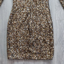 Load image into Gallery viewer, Dress the Population Women Small Bodycon Gold Black Sequin Stretch Long Sleeve
